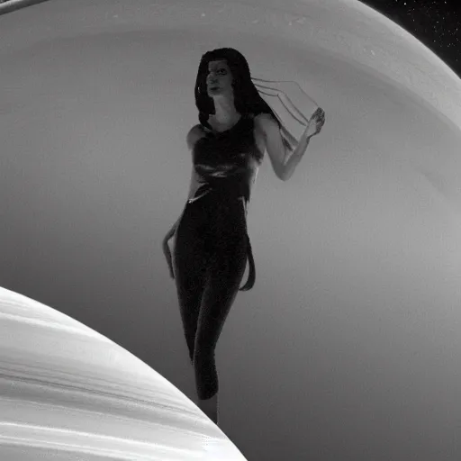 Image similar to a beautiful human woman on the surface of saturn, dusty atmosphere