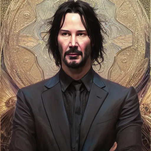 Image similar to portrait of keanu reeves, fantasy, intricate, elegant, highly detailed, digital painting, artstation, concept art, smooth, sharp focus, illustration, art by artgerm and greg rutkowski and alphonse mucha