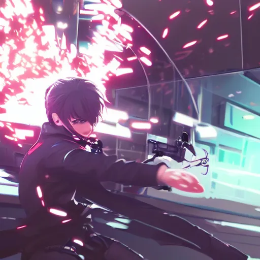 Image similar to neo fighting security. Epic keyframe. Ilya Kuvshinov, rossdraws.