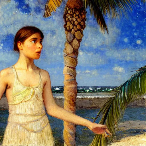 Image similar to a ultradetailed beautiful painting of a girl in the amazonas palace designed by jules bastien - lepage, hans belmer, frank weston and gustave baumann, beach, trending on artstation, mediterranean, palm trees, refracted color sparkles, sharp focus, soft light, 8 k 4 k