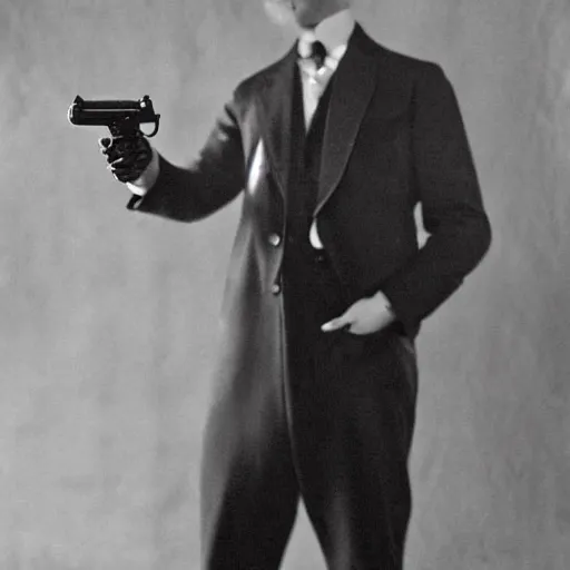 Prompt: Photograph of a man with a stern look dressed in a 1920s attire. He is pointing a gun and seems mentally unstable. 4K, dramatic lighting
