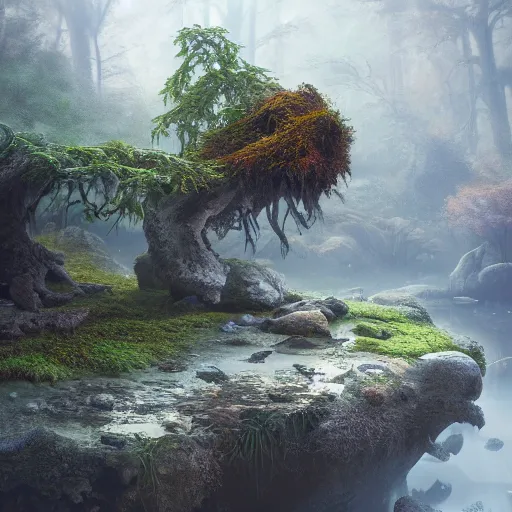 Prompt: soft painting render curiosities alien desolated world pond vegetation rocks, beautiful fox covered moss scintillating, accurate features, focus, very intricate ultrafine details, random volumetric lighting, dense fog, award winning masterpiece, octane render 8 k hd, artstation, tom bagshaw