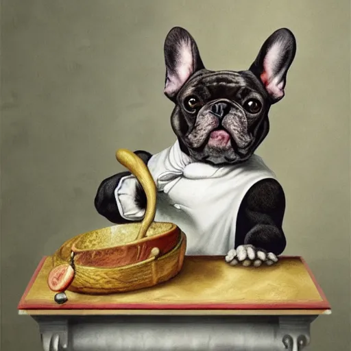 Prompt: stressed french bulldog chef, detailed rococo painting