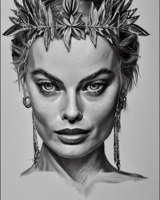 Image similar to realism tattoo sketch of margot robbie as a beautiful greek goddess aphrodite with piercing eyes wearing a laurel wreath and triangle earrings, in the style of greg rutkowski, amazing detail