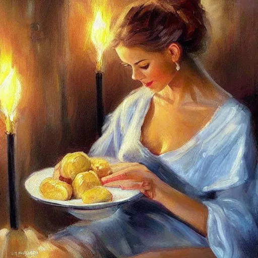 Image similar to wine cellar full of food, torches on the wall, schnapps!, romantic, inviting, cozy, blonde! woman, painting Vladimir Volegov