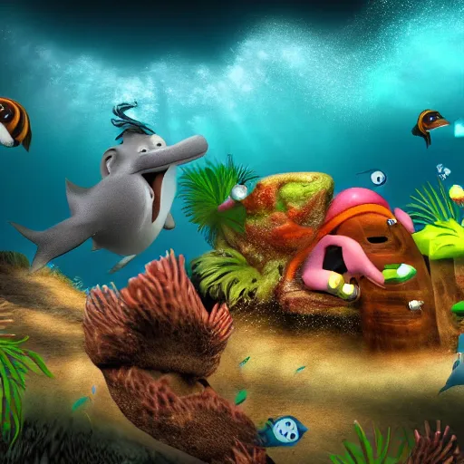 Prompt: professional underwater photo similar to level of donkey kong country, by discovery magazine, sand waves, dolphin underwater, real life, photorealistic, soft focus, long exposure