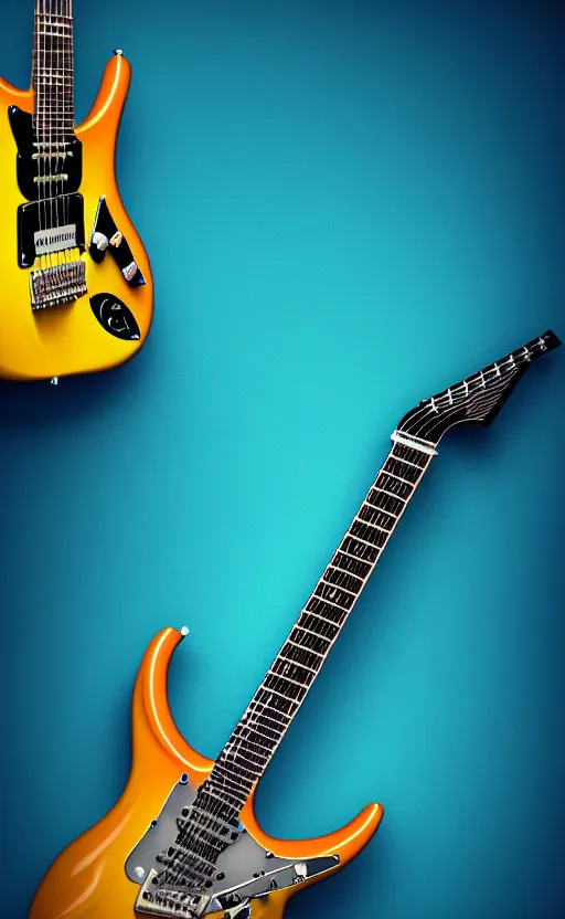 Image similar to award winning photograph of an electric guitar shaped as a bird of paradise, teal colors, 3 d hyperrealistic 8 k image style, detailed render, stunning studio photograph with dramatic lighting, depth of field