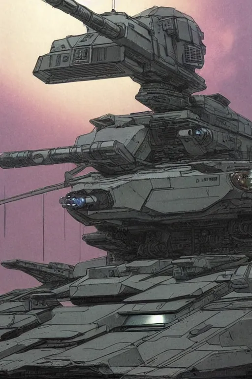 Image similar to comic book illustration, an android soldier sits on the turret of a futuristic tank, cyberpunk concept art by Moebius, highly detailed, intricate, sci-fi, sharp focus, Trending on Artstation HQ, deviantart