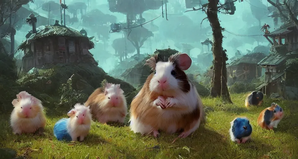 Image similar to ultra realistic cute guineapigs everywhere, by simon stalenhag, frank frazetta, greg rutkowski, beeple, yoko taro, christian macnevin, wlop and krenz cushart, epic fantasy character art, volumetric outdoor lighting, midday, high fantasy, cgsociety, cheerful colours, full length, exquisite detail, post - processing, masterpiece, cinematic