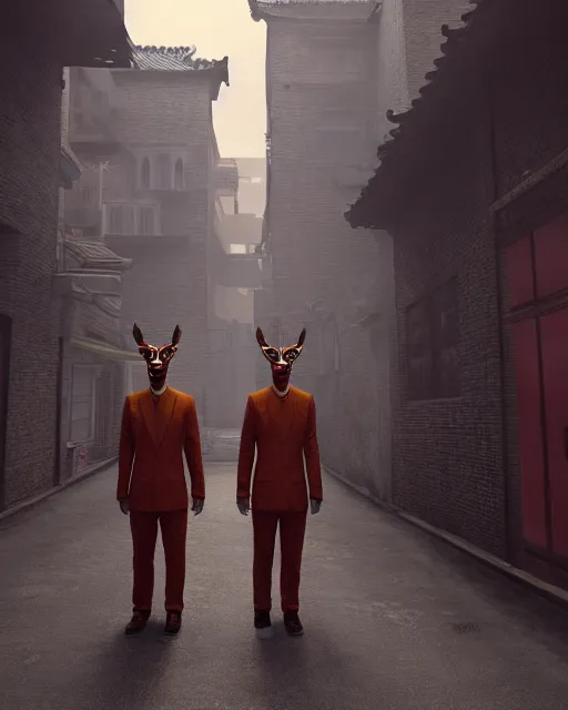 Prompt: artstation scifi scene of two deer - headed suit people, in a chinese town narrow alley, dim lights, long shadows, summer unreal engine 5, hyper realism, realistic shading, cinematic composition, blender render, octane render, hdr, detailed textures, photorealistic, wide shot