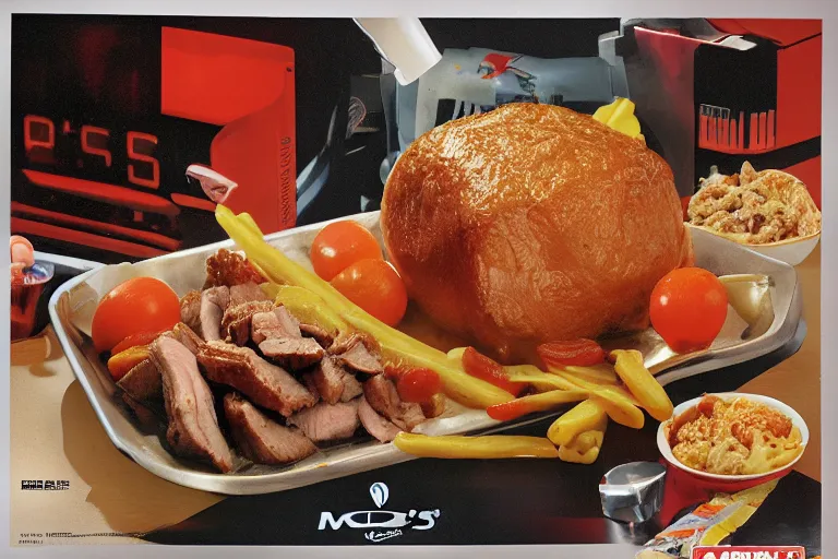 Image similar to mcdonald's roast pork meal, in 1 9 9 5, y 2 k cybercore, advertisement photo. artwork by craig mullins