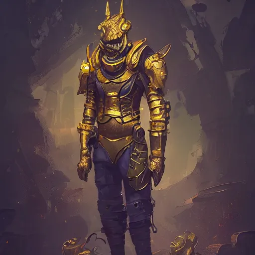 Image similar to gold dragonborn artificer, by Ismail Inceoglu, golden, mechnical, tinkering, character art, dungeons and dragons, digital art