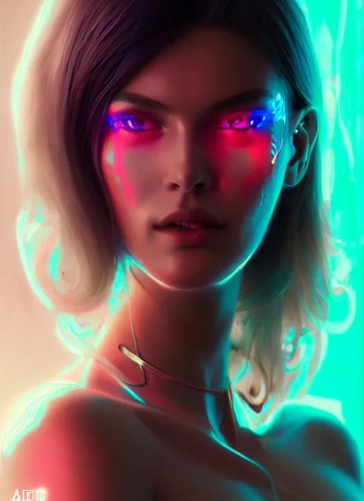 Image similar to portrait of female in transparent fashion wear, intricate, elegant, cyber neon lights, highly detailed, digital photography, artstation, glamor pose, concept art, smooth, sharp focus, art by artgerm and greg rutkowski