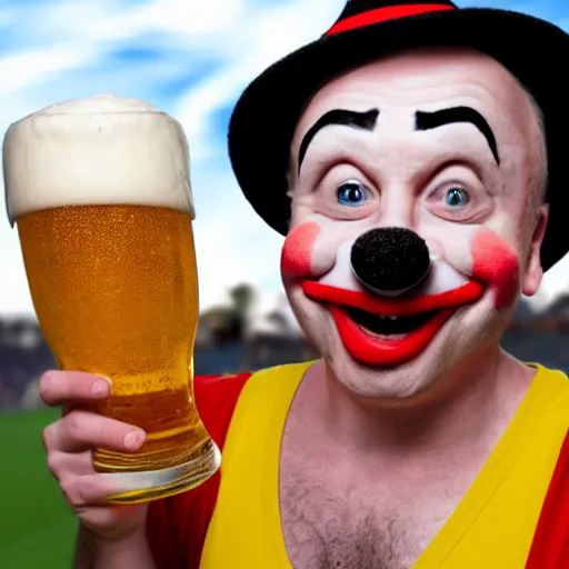 Image similar to silly little grumpy man clown with a beer in front of a soccer match, kodak photo