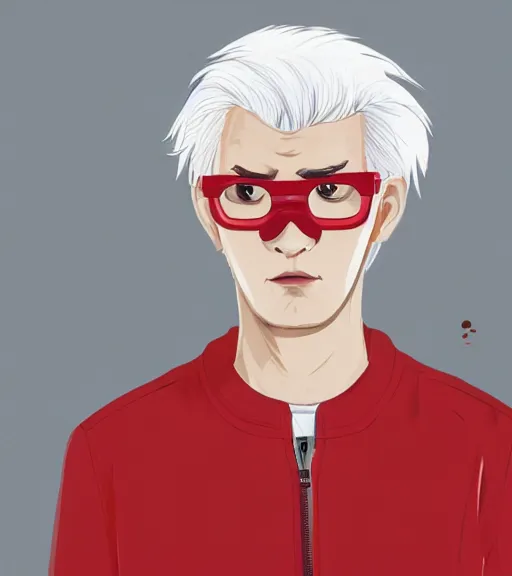 Image similar to young man in red jacket and white shirt, white hair, round goggles, smoking cigarette, character portrait, sharp focus, illustration, high detailed, sad