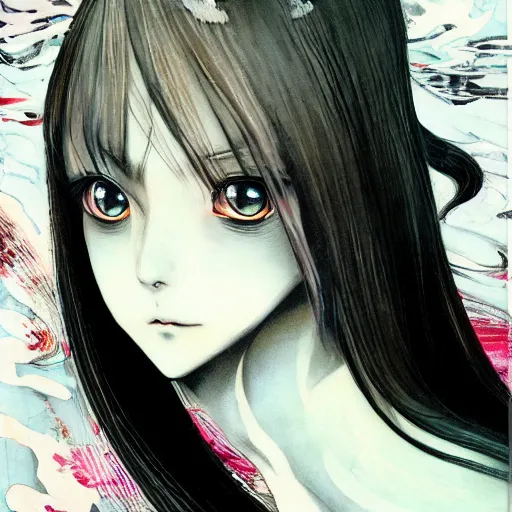 Prompt: yoshitaka amano realistic illustration of an anime girl with black eyes and long wavy white hair wearing dress suit with tie and surrounded by abstract junji ito style patterns in the background, subtle color palette, blurry and dreamy illustration, noisy film grain effect, highly detailed, oil painting with expressive brush strokes, weird camera angle, three quarter view portrait