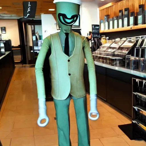 Prompt: slenderman working at starbucks.