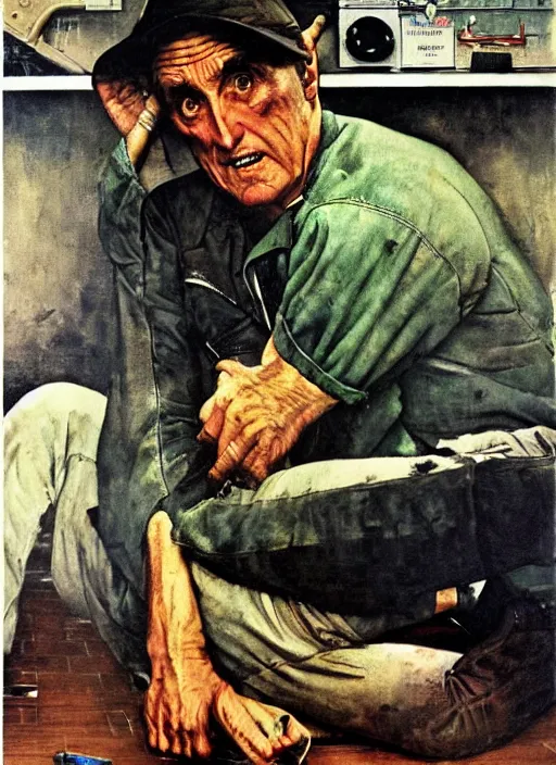 Image similar to dennis hopper crawling around on the floor of a dingy apartment, painted by norman rockwell and tom lovell and frank schoonover, green, dystopian