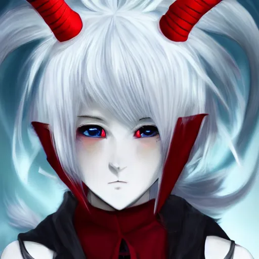 Image similar to white hair, red eyes, two small horn on the head, anime style, anime girl, demon horns on head