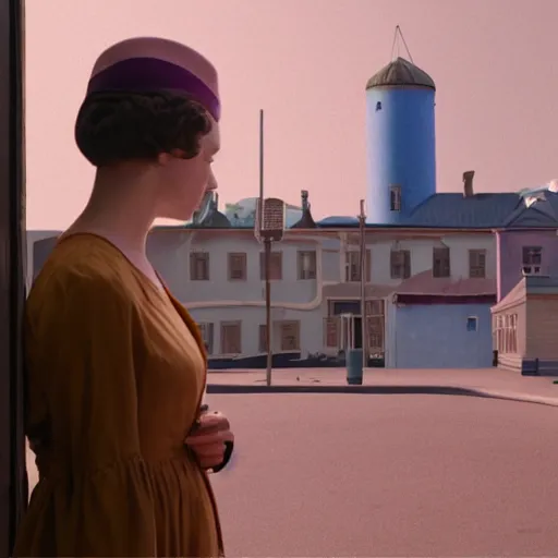 Prompt: cinematic mid shot of a woman's face with round glasses in a pastel 3 d minimalist, street scene with water tower, by jeffrey smart and gregory crewdson and edward hopper, grand budapest hotel