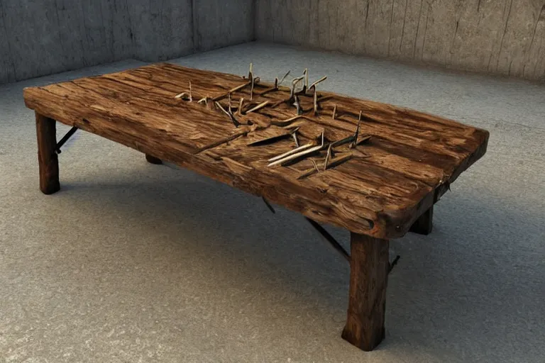 Image similar to a rustic rectangle wooden table with spikes sticking out of it. artstation highquality 4k