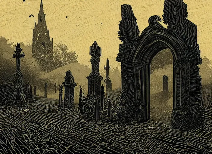 Image similar to woodcut print, ghost in graveyard at midnight by greg rutkowski, fine details, highly detailed