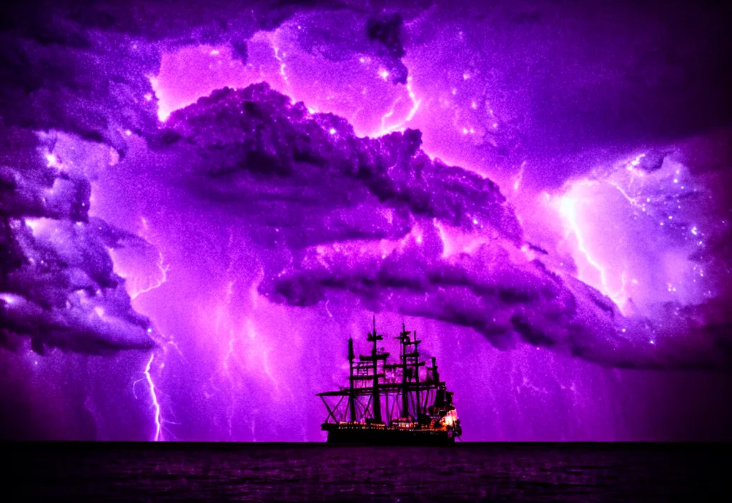 Image similar to purple color lighting storm with stormy sea, pirate ship firing its cannons trippy nebula sky with dramatic clouds 50mm shot fear and loathing movie