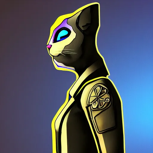 Prompt: side view of cyberpunk cat in suit