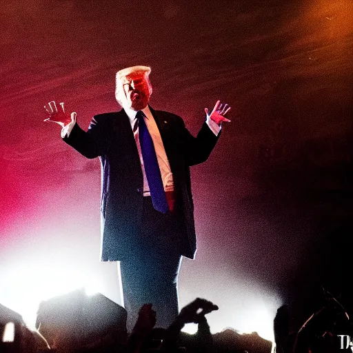 Image similar to donald trump going crazy on stage as the lead singer in a black metal band, full makeup, large crowd, 5 0 mm lens, volumetric lighting