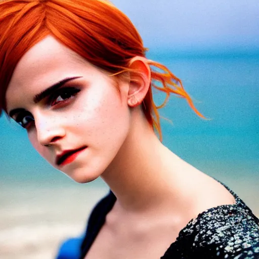 Prompt: headshot of Emma Watson cosplaying as Nami from One Piece standing on a beach, cosplay, close up, photo by Sarah Moon