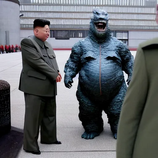 Image similar to godzilla with kim jong un face kim jong un dressed like godzilla