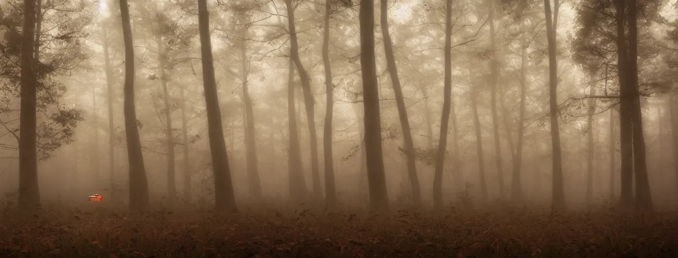 Image similar to incadescent and fluorescent creepy metal rust robots searching for remaining humans in dark foggy old forest in the night with, postapo style, heavy rain, reflections, high detail, dramatic moment, motion blur, dense ground fog, dark atmosphere, saturated colors, by darek zabrocki, render in unreal engine - h 7 0 4