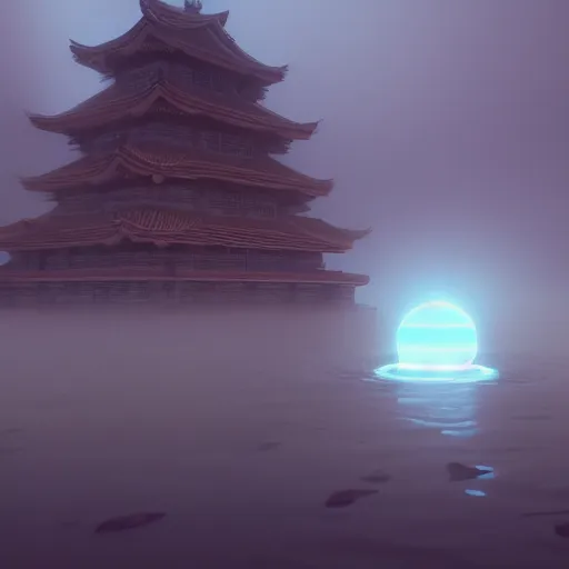 Image similar to high - tech space cult witch looking at floating islands while, foggy of a ancient temple in temple dramatic lighting, epic, octane render, volumetric light, unreal engine, artbreeder, 8 k, background, scene