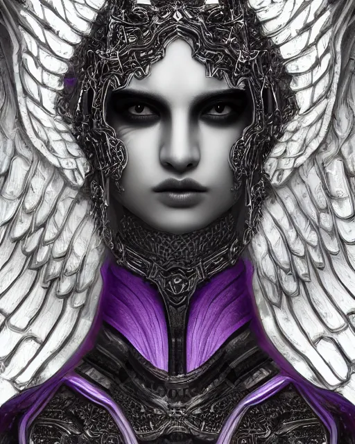 Image similar to Detailed portrait of the strangest angel, black and white armor, unique design, by Yun Taek Oh, fine details, pretty face, beautiful violet eyes, inside a palace, perfect, colorful background, 8k high detail, intricate, sharp focus, masterpiece, trending on artstation