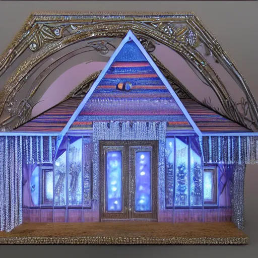 Image similar to egyptian art of a chalet made of crystals and feathers 8K 3D and hyperrealistic