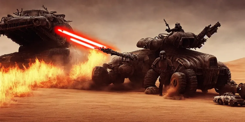 Image similar to Darth Vader standing on a driving post apocalyptic battle car in the desert and weilding a flamethrower, Mad Max Fury Road, sandstorm, fire, realistic, flags, spikes, dust