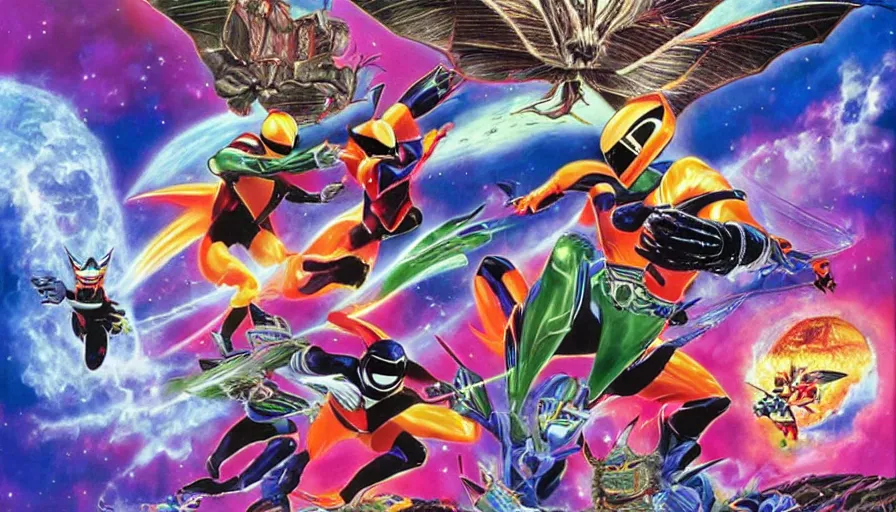 Image similar to stephen Hawkins as power ranger fighting gremlins vs mothra art by Noriyoshi Ohrai and Lisa Frank