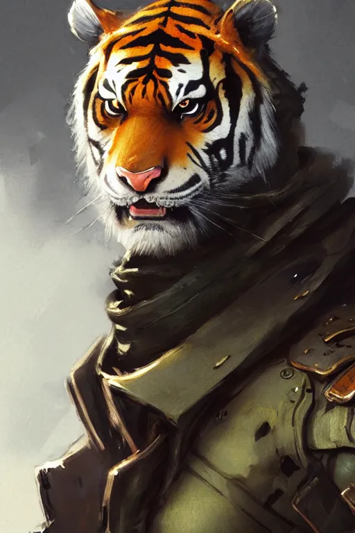 Image similar to portrait male anthro tiger dressed in military clothes character full body precis no blur, concept art, character sheet, nier automata, gaston bussiere, greg rutkowski, tsutomu nihei, cyberpunk, trending on artstation, featured on pixiv, hyper detail, cinematic composition, 8 k, detailed face