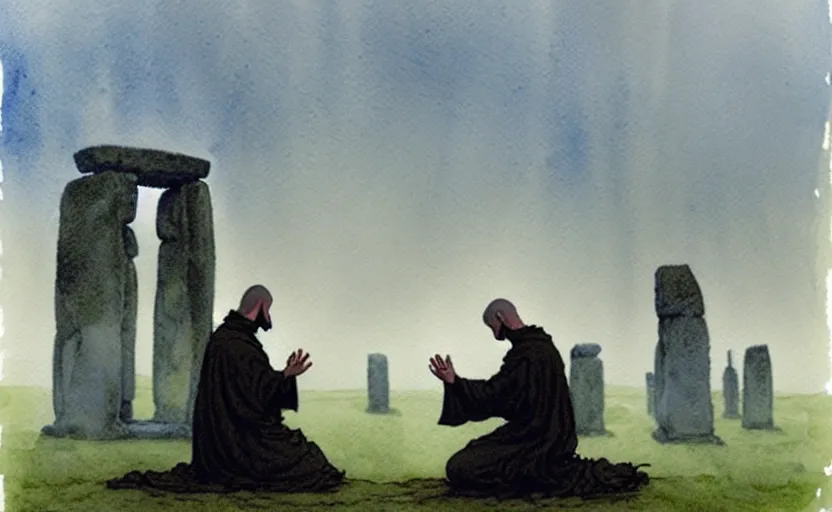 Image similar to a hyperrealist watercolour character concept art portrait of one small grey medieval monk kneeling in prayer as stonehenge floats in the air on a misty night. by rebecca guay, michael kaluta, charles vess and jean moebius giraud