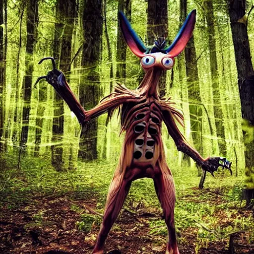 Image similar to closeup photo of human partially mutating into an anthropomorphic insect, in the forest. physiological transformation ; hybrid creature. highly - detailed ; photorealistic.