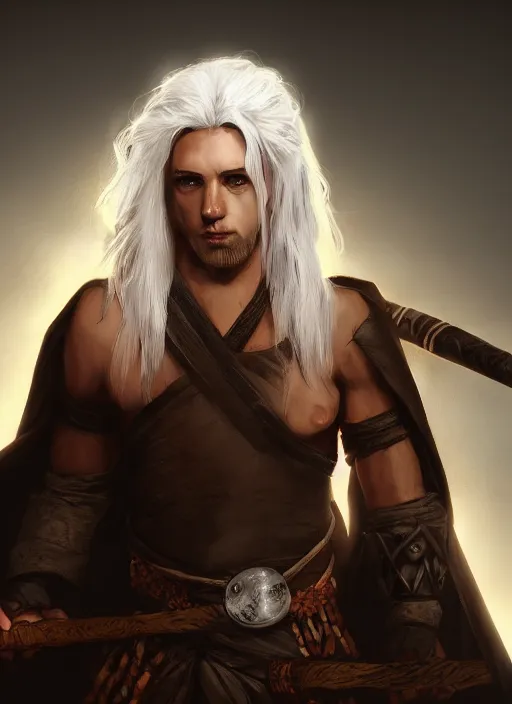 Prompt: portrait of a wild magic barbarian with white hair and a dark robe, dungeons and dragons, dramatic lighting, dynamic composition, trending on artstation, 4 k, 8 k