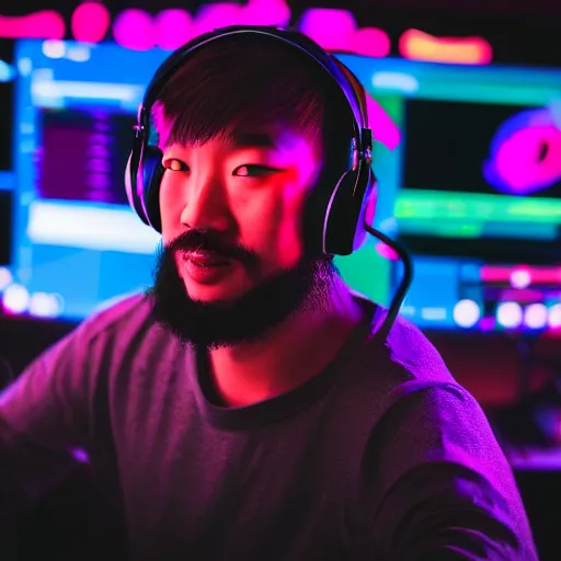 Prompt: Photo of Genghis Khan as a Twitch streamer, wearing a headset, close-up, high detail, studio, neon background, 85mm Sigma Art Lens