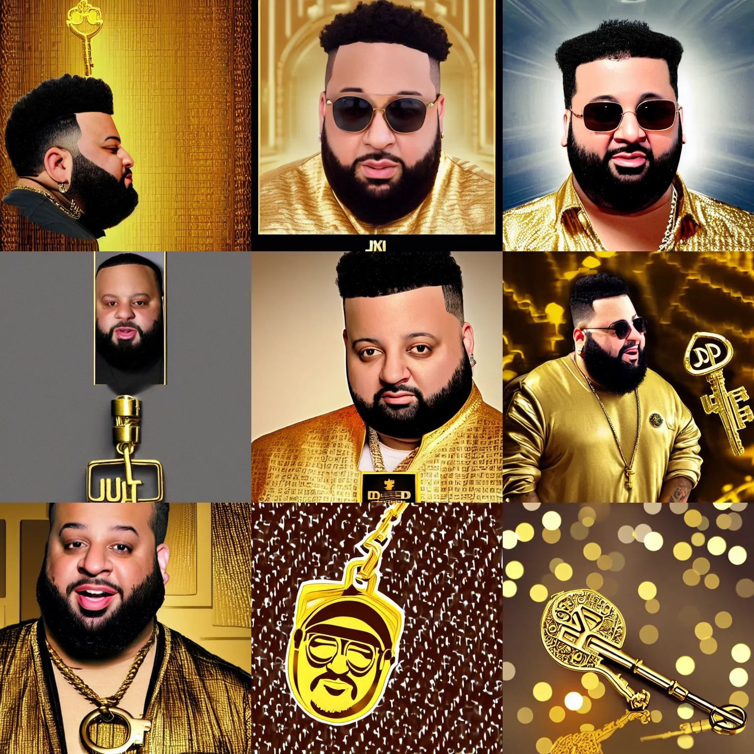 Prompt: dj khalid's face in a golden key, solid background, realistic, photograph