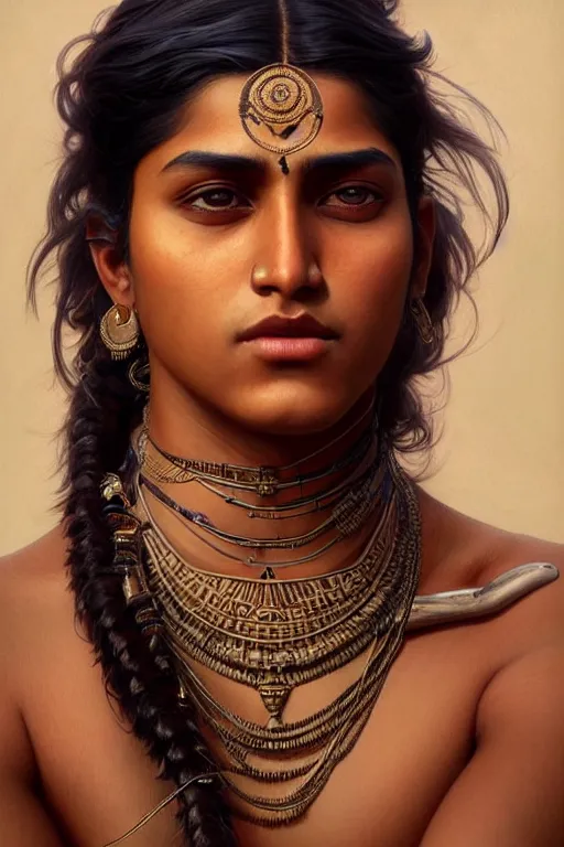 Image similar to photorealistic portrait of a young butch indian woman, handsome, female, masculine, upper body, fantasy, fierce, sharp features, intricate, elegant, highly detailed, digital painting, artstation, concept art, matte, sharp focus, illustration, art by artgerm and greg rutkowski and alphonse mucha