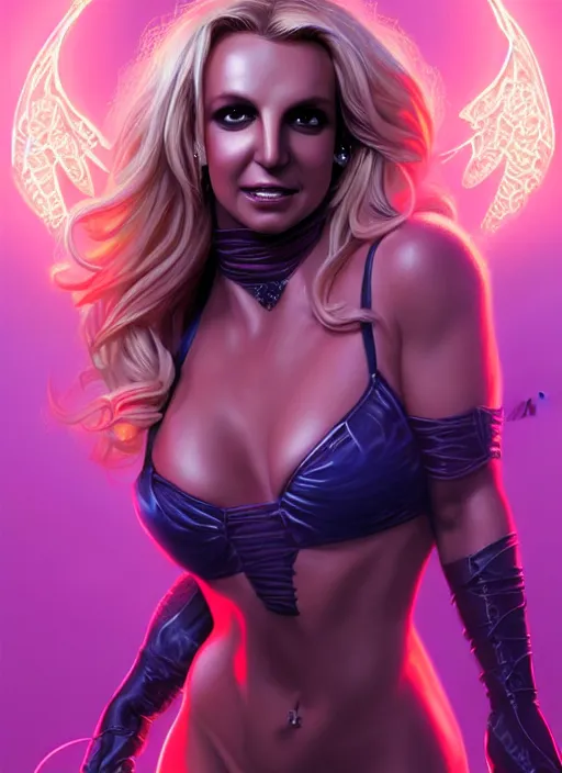 Image similar to britney spears as hellcat, intricate, elegant, glowing lights, highly detailed, marvel, digital painting, artstation, glamor pose, concept art, smooth, sharp focus, illustration, art by artgerm and greg rutkowski, artey freytag