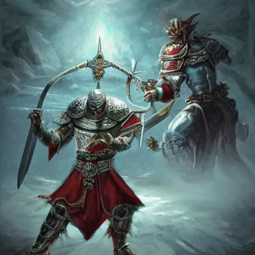 Prompt: A fantastic warrior with a great sword of ice fights against 2 demons in a temple full of satanic ornaments