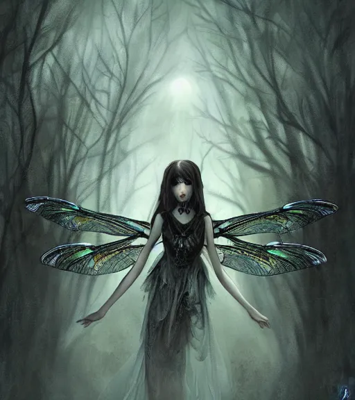 Image similar to gothic fairy with dragonfly wings, digital painting, liminal eerie midnight backlit, a picture taken by Michael Komarck and Daniel Ljunggren