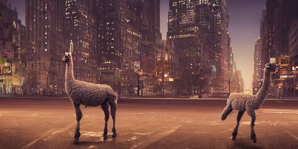 Prompt: a llama walking through a desolate manhattan city street at night, statue of liberty seen in the background, realistic 4 k octane beautifully detailed render, 4 k post - processing, highly detailed, intricate complexity, epic composition, magical atmosphere, cinematic lighting, masterpiece, ultra hd