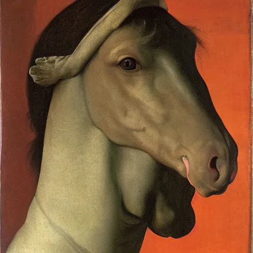 Image similar to a painting of a man whose head is a horse’s by Agnolo Bronzino