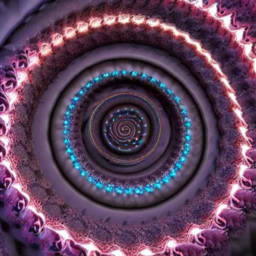 Prompt: intricately detailed octane rendered unreal engine 5 volumetric lighting macro photography close up of a spiral fractal explosion infinitely fractalizing and never ending